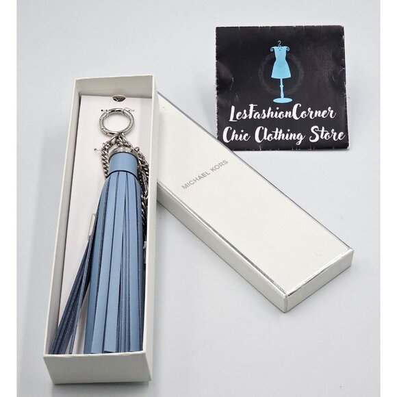 NWB Michael Kors Mercer Lock Tassel Key Charm Leather Pale Blue 2857 - Picture 3 of 8
